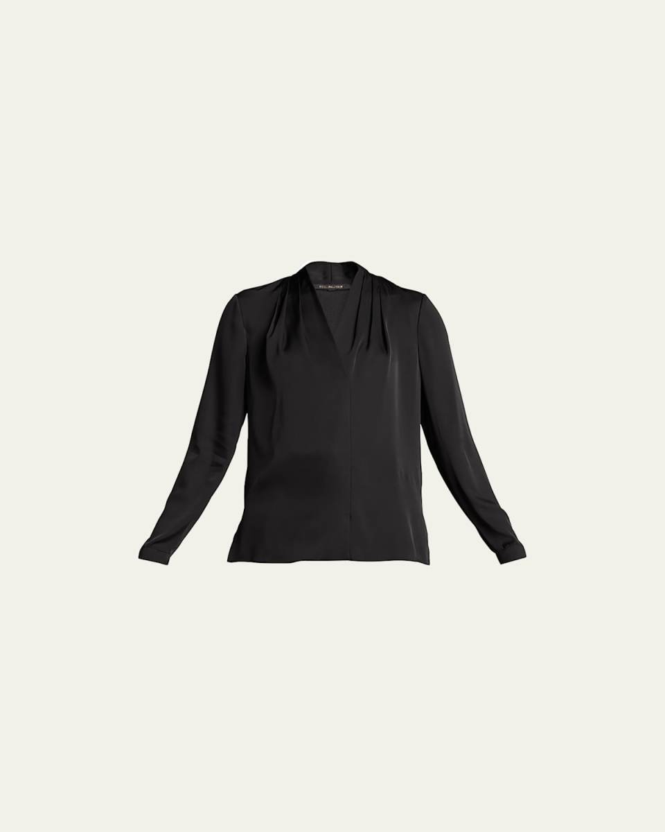 Nellie Pleated V-Neck Long-Sleeve Blous